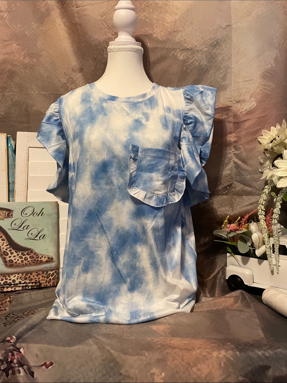 Light Blue Tie-Dye Ruffle Sleeve Pocket Blouse